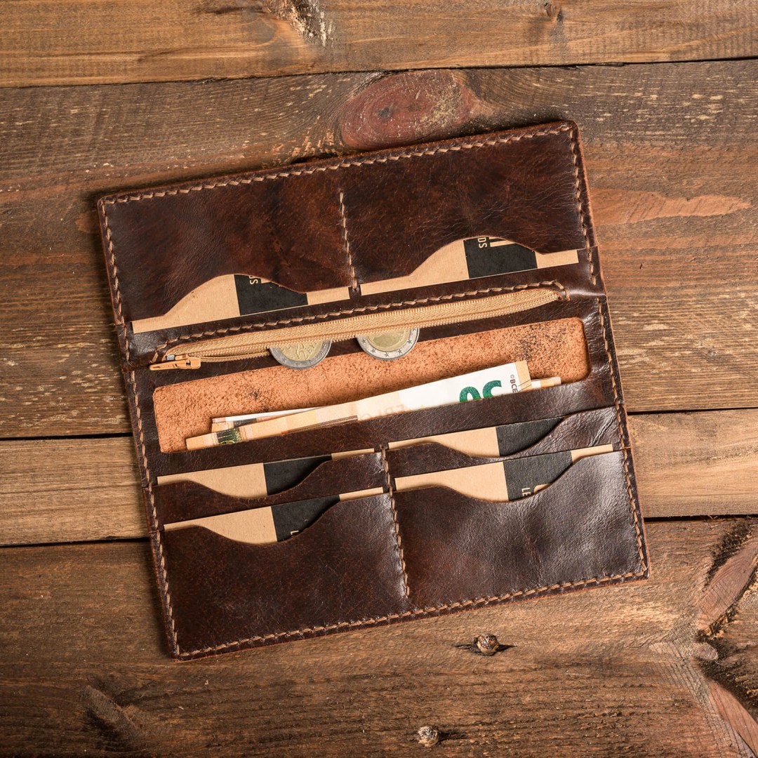 χειροποίητο καφέ πορτοφόλι με 6 θήκες για κάρτες