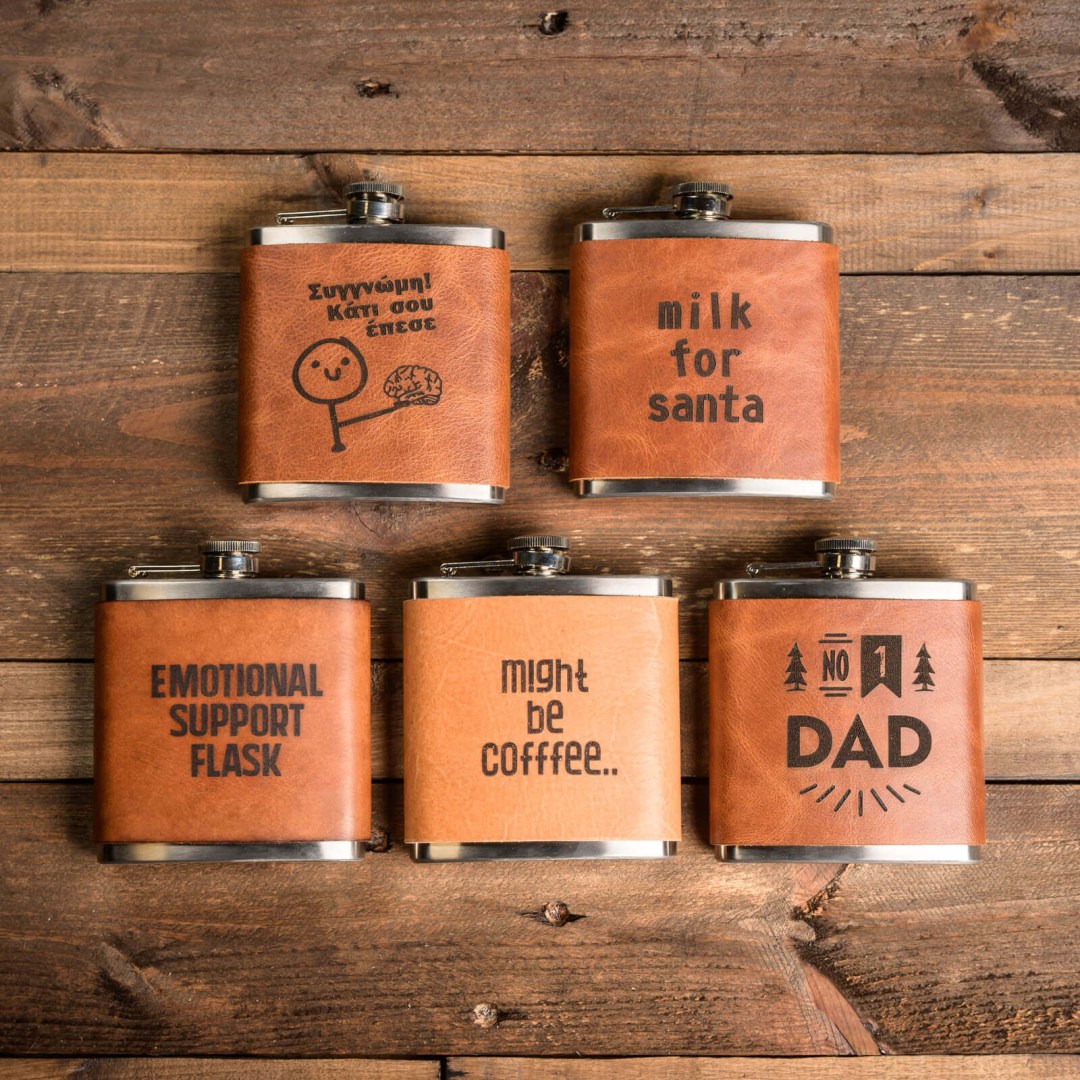 Φλασκί ανοξείδωτο 6oz με επένδυση από δέρμα και χάραξη Number ONE DAD